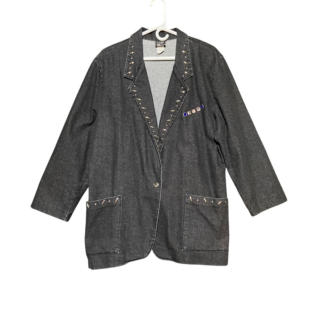 Lori of California Vintage Black Studded Denim Blazer Jacket Womens 18 USA Made